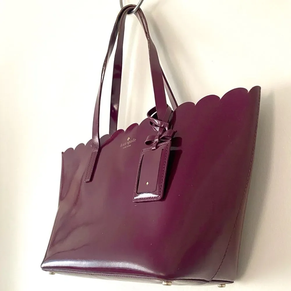 Kate Spade Lily Avenue Carrigan Leather Scallop-Edged Tote Burgundy Bag Tag Chic